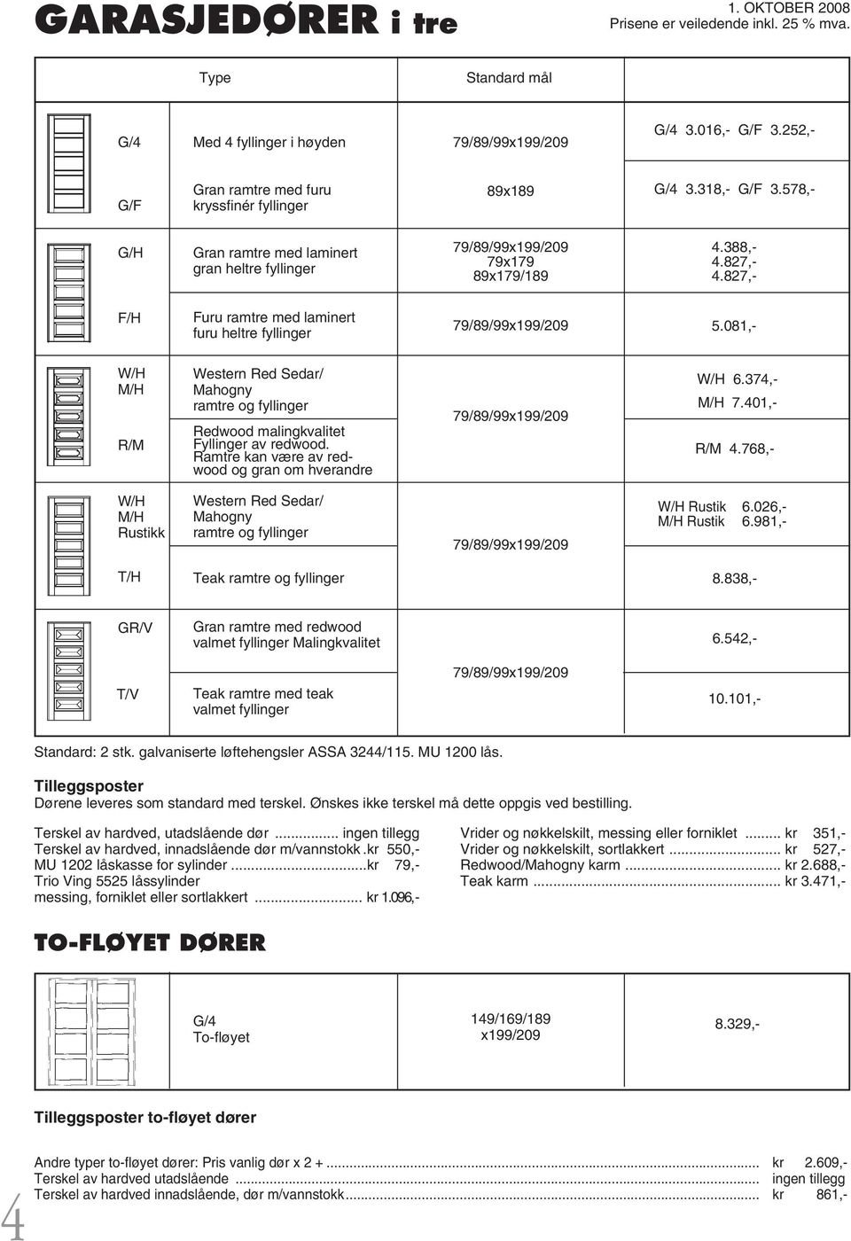 081,- W/H M/H R/M Western Red Sedar/ Mahogny ramtre og fyllinger Redwood malingkvalitet Fyllinger av redwood. Ramtre kan være av redwood og gran om hverandre 79/89/99x199/209 W/H 6.374,- M/H 7.