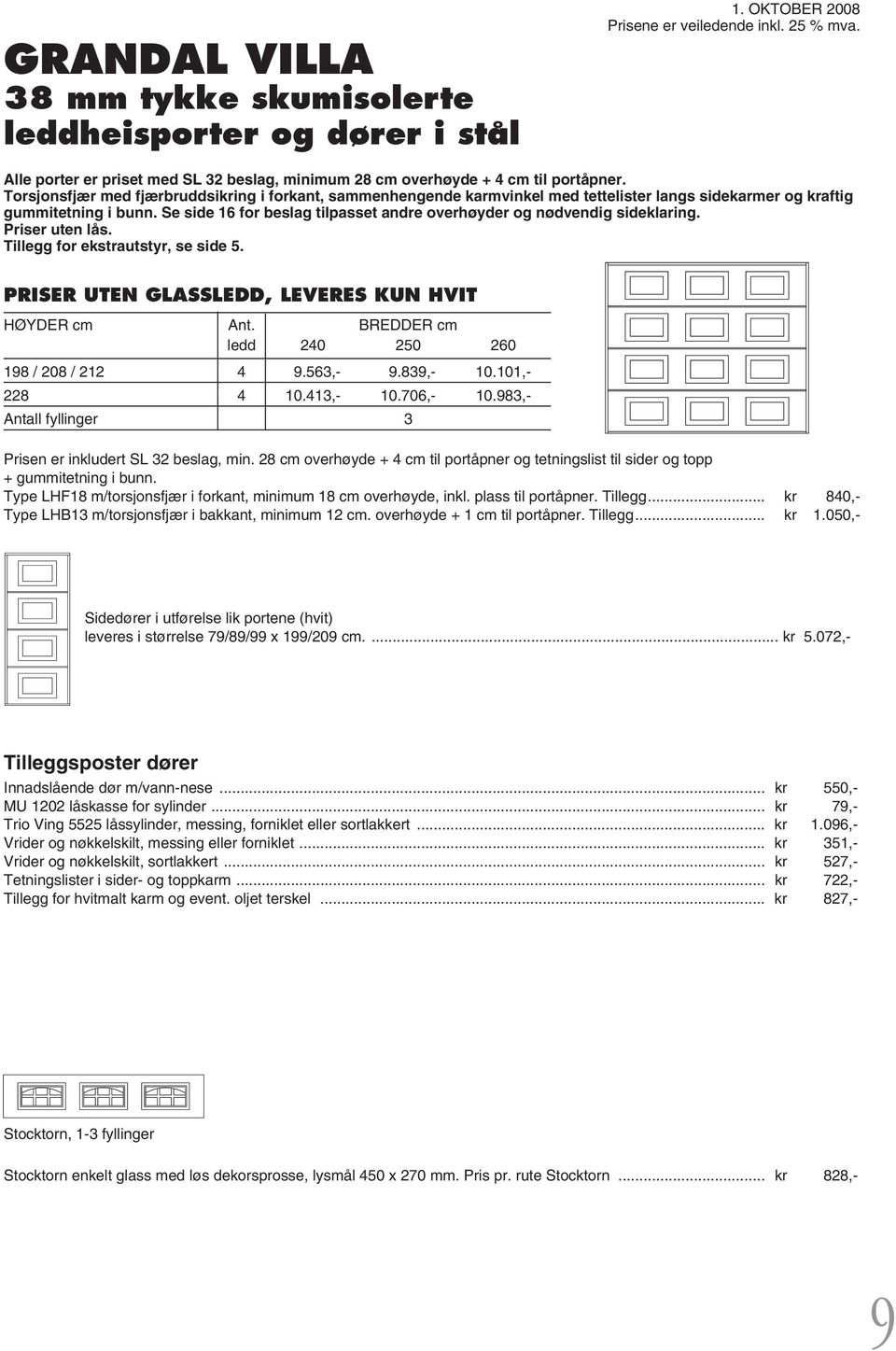 Se side 16 for beslag tilpasset andre overhøyder og nødvendig sideklaring. Priser uten lås. Tillegg for ekstrautstyr, se side 5. PRISER UTEN GLASSLEDD, LEVERES KUN HVIT HØYDER cm Ant.