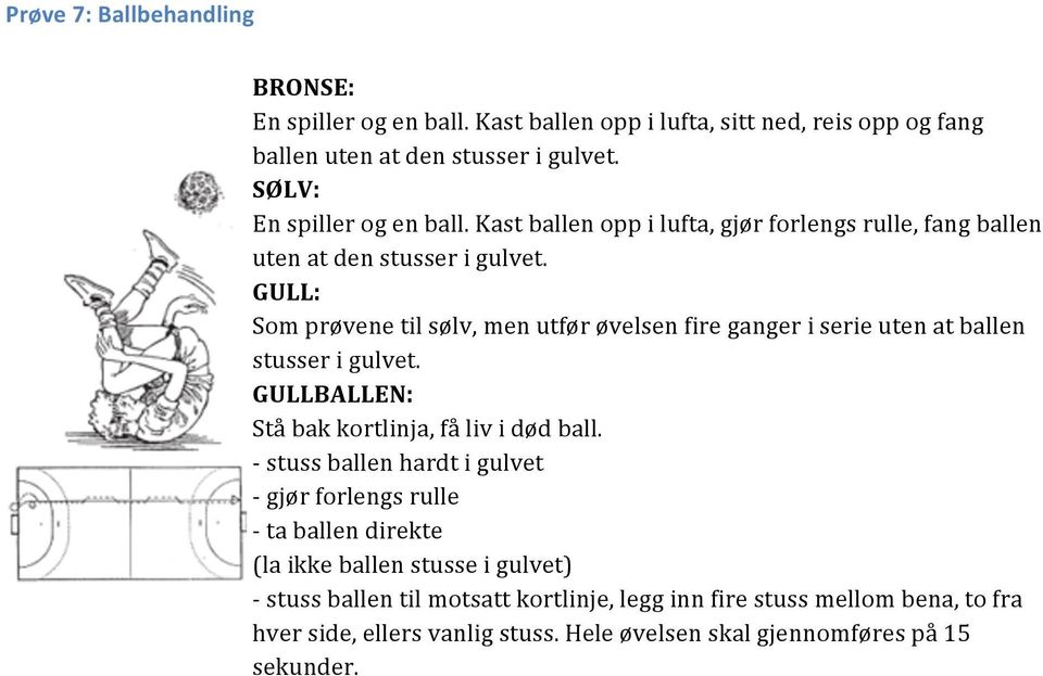 - stuss ballen hardt i gulvet - gjør forlengs rulle - ta ballen direkte (la ikke ballen stusse i gulvet) - stuss ballen til motsatt kortlinje, legg inn fire