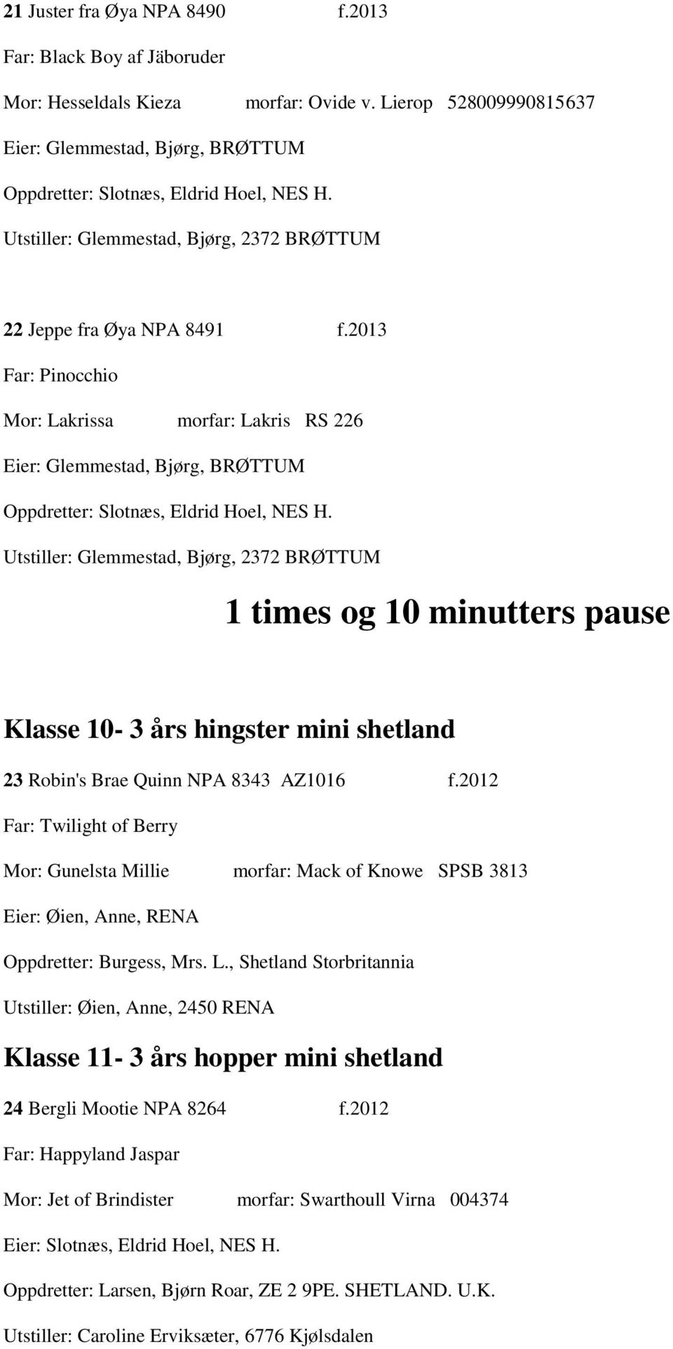 2013 Far: Pinocchio Mor: Lakrissa morfar: Lakris RS 226 Eier: Glemmestad, Bjørg, BRØTTUM Utstiller: Glemmestad, Bjørg, 2372 BRØTTUM 1 times og 10 minutters pause Klasse 10-3 års hingster mini