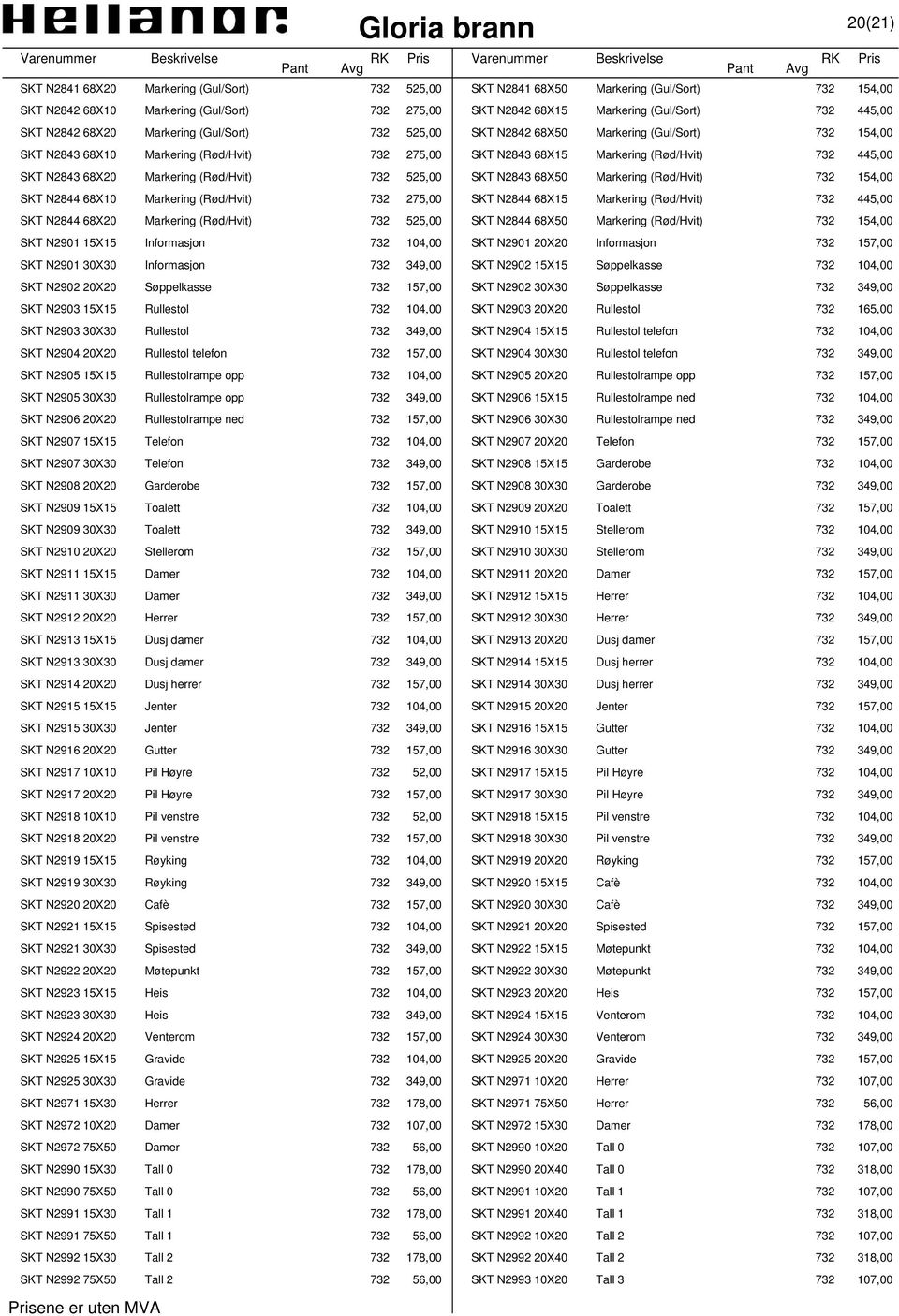 N2843 68X20 Markering (Rød/Hvit) 732 525,00 SKT N2843 68X50 Markering (Rød/Hvit) 732 154,00 SKT N2844 68X10 Markering (Rød/Hvit) 732 275,00 SKT N2844 68X15 Markering (Rød/Hvit) 732 445,00 SKT N2844