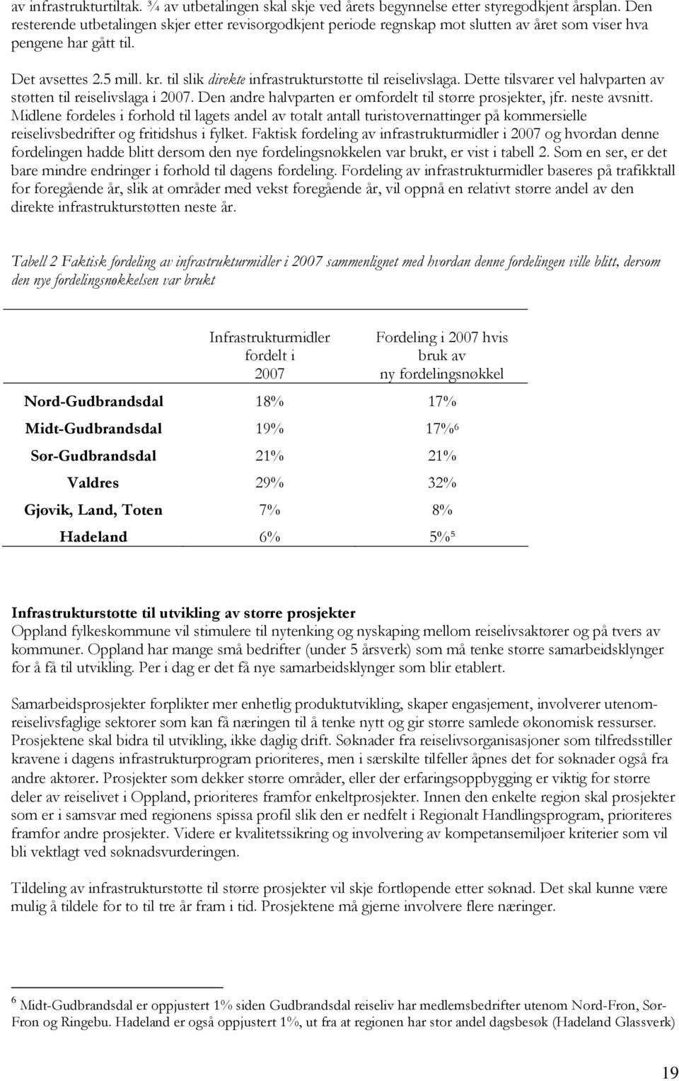 til slik direkte infrastrukturstøtte til reiselivslaga. Dette tilsvarer vel halvparten av støtten til reiselivslaga i 2007. Den andre halvparten er omfordelt til større prosjekter, jfr. neste avsnitt.