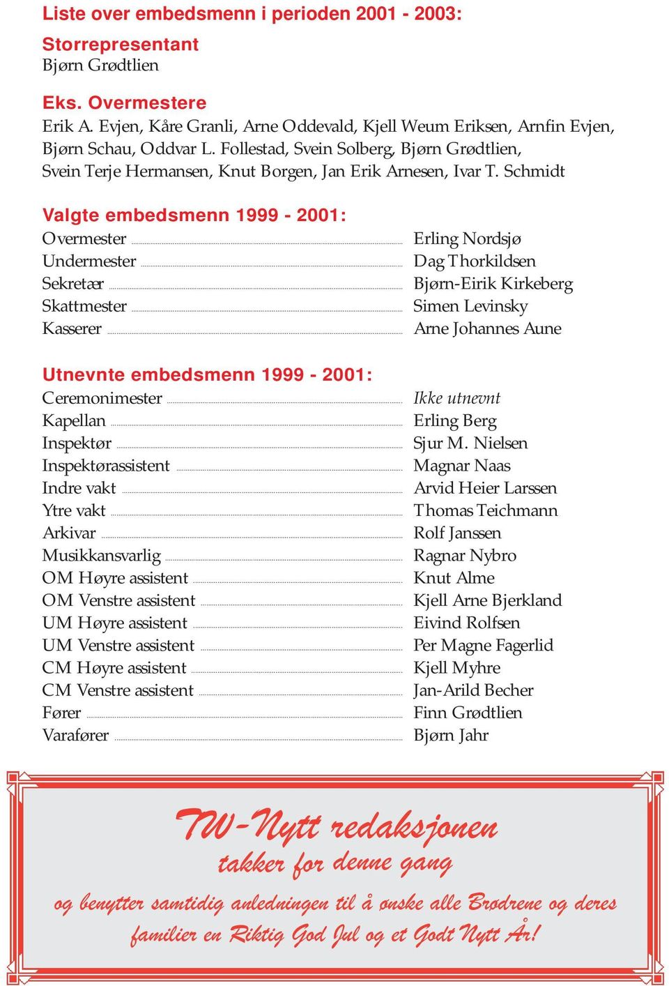 .. Kasserer... Utnevnte embedsmenn 1999-2001: Ceremonimester... Kapellan... Inspektør... Inspektørassistent... Indre vakt... Ytre vakt... Arkivar... Musikkansvarlig... OM Høyre assistent.