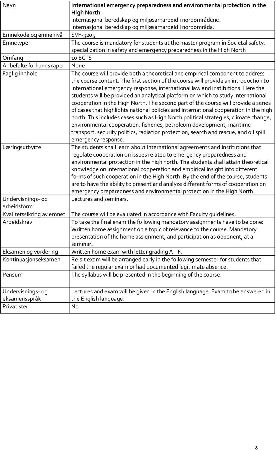 SVF-3205 The course is mandatory for students at the master program in Societal safety, specialization in safety and emergency preparedness in the High North 10 ECTS None The course will provide both
