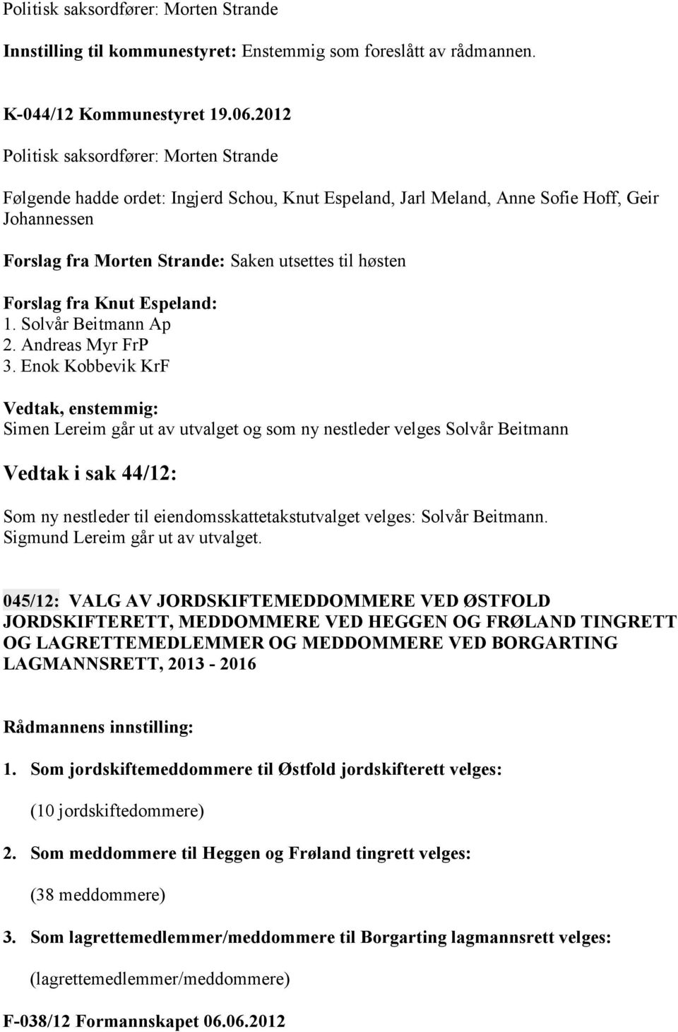 Forslag fra Knut Espeland: 1. Solvår Beitmann Ap 2. Andreas Myr FrP 3.