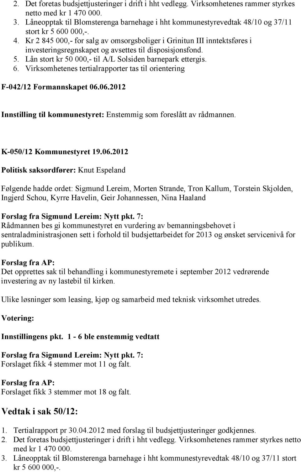 5. Lån stort kr 50 000,- til A/L Solsiden barnepark ettergis. 6. Virksomhetenes tertialrapporter tas til orientering F-042/12 Formannskapet 06.