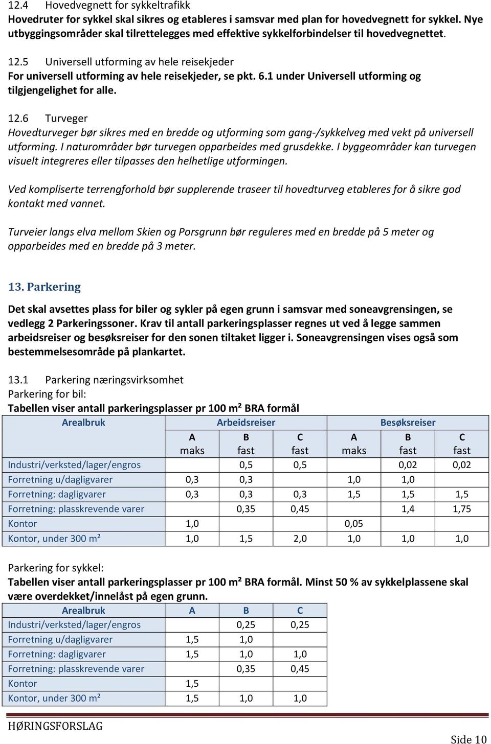 1 under Universell utforming og tilgjengelighet for alle. 12.6 Turveger Hovedturveger bør sikres med en bredde og utforming som gang-/sykkelveg med vekt på universell utforming.