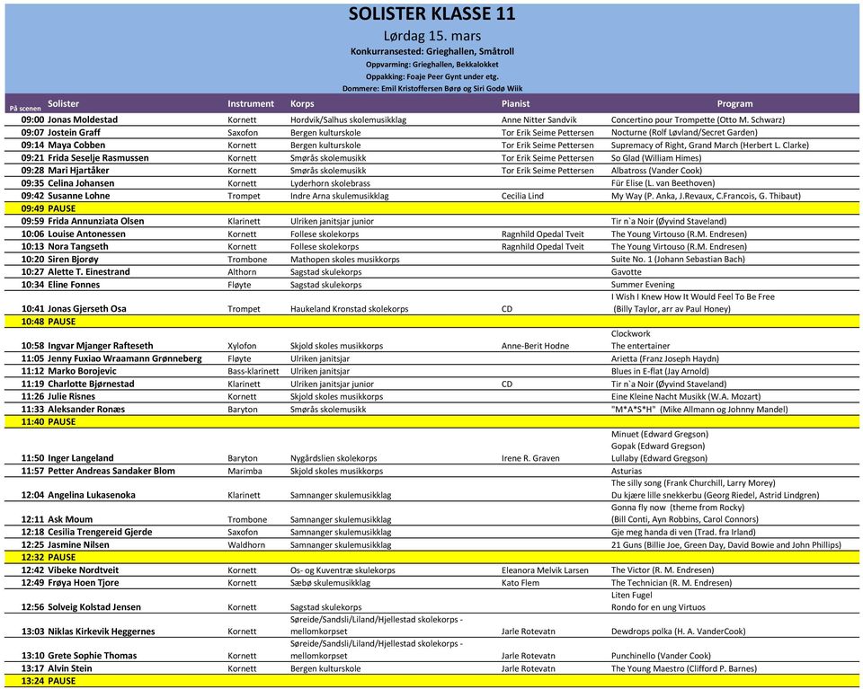 Schwarz) 09:07 Jostein Graff Saxofon Bergen kulturskole Tor Erik Seime Pettersen Nocturne (Rolf Løvland/Secret Garden) 09:14 Maya Cobben Kornett Bergen kulturskole Tor Erik Seime Pettersen Supremacy