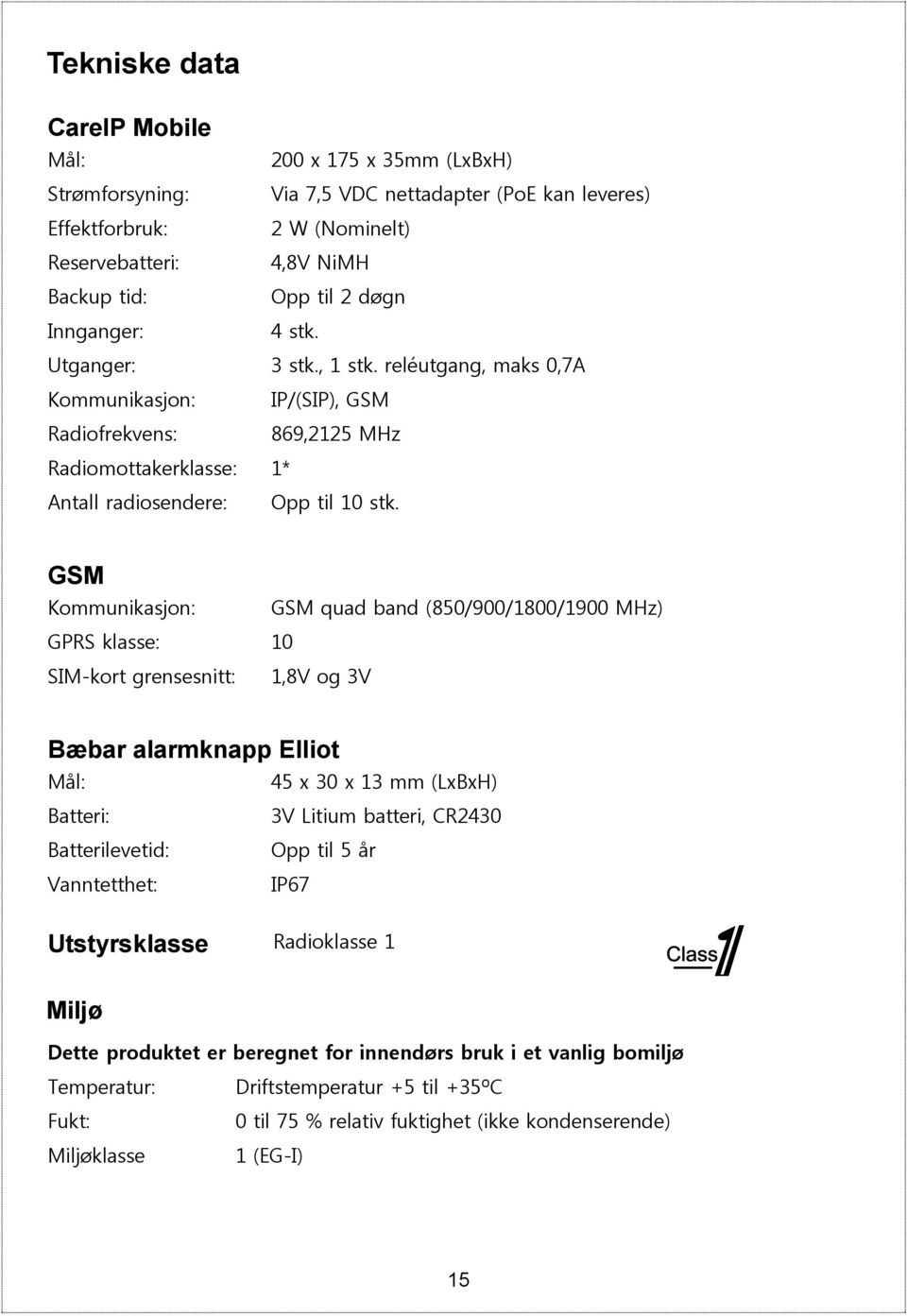 GSM Kommunikasjon: GSM quad band (850/900/1800/1900 MHz) GPRS klasse: 10 SIM-kort grensesnitt: 1,8V og 3V Bæbar alarmknapp Elliot Mål: 45 x 30 x 13 mm (LxBxH) Batteri: 3V Litium batteri, CR2430