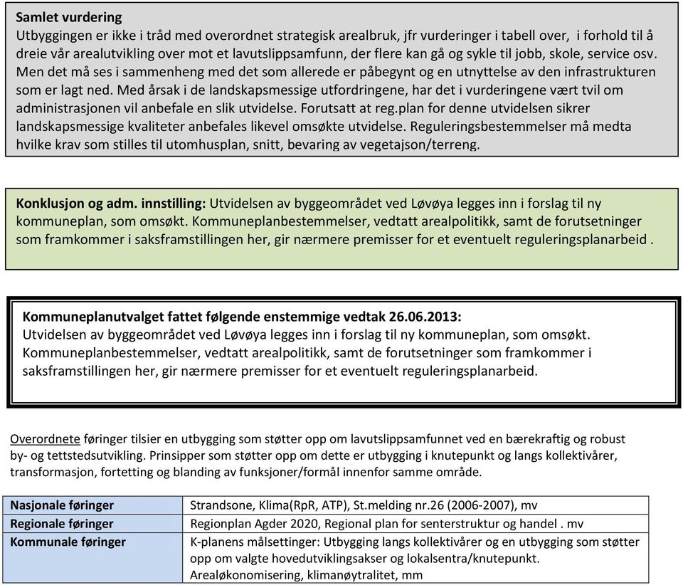 Med årsak i de landskapsmessige utfordringene, har det i vurderingene vært tvil om administrasjonen vil anbefale en slik utvidelse. Forutsatt at reg.