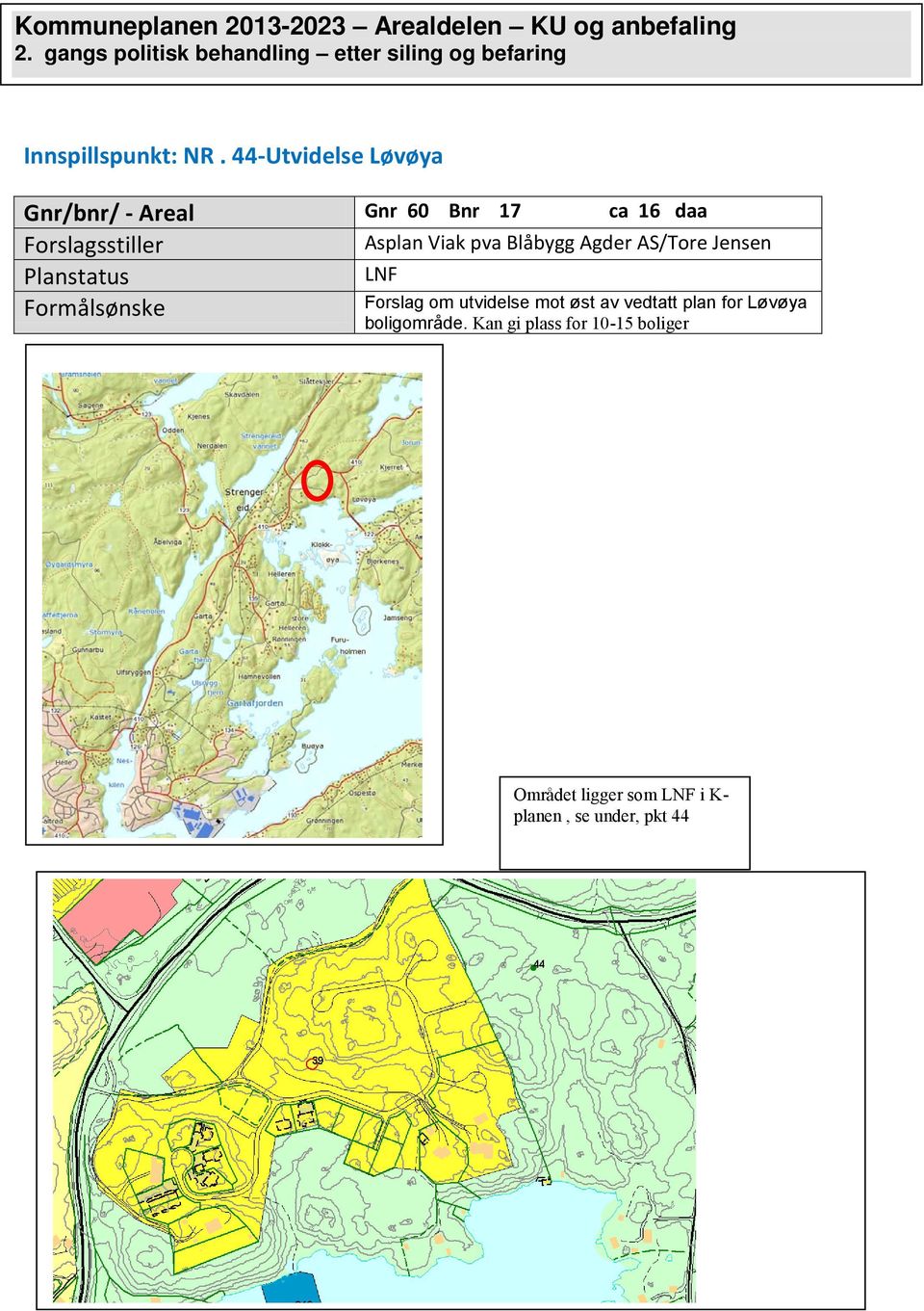 44-Utvidelse Løvøya Gnr/bnr/ - Areal Gnr 60 Bnr 17 ca 16 daa Forslagsstiller Planstatus LNF Formålsønske