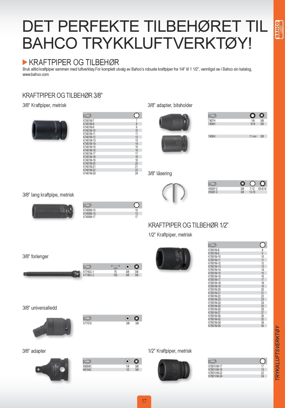 com KRAFTPIPER OG TILBEHØR 3/8 3/8 Kraftpiper, metrisk 3/8 adapter, bitsholder K7401M-7 7 K7401M-8 8 K7401M-9 9 K7401M-10 10 K7401M-11 11 K7401M-12 12 K7401M-13 13 K7401M-14 14 K7401M-15 15 K7401M-16