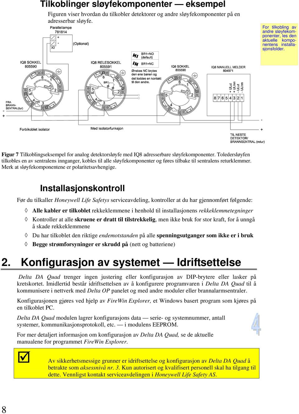 Toledersløyfen tilkobles en av sentralens innganger, kobles til alle sløyfekomponenter og føres tilbake til sentralens returklemmer. Merk at sløyfekomponentene er polaritetsavhengige.