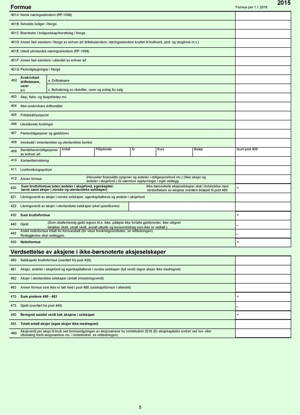 1.2016 2015 402 Avskrivbart driftsløsøre, varer o.l. a. Driftsløsøre c. Beholdning av råstoffer, varer og avling for salg 403 Skip, fiske og fangstfartøy mv.