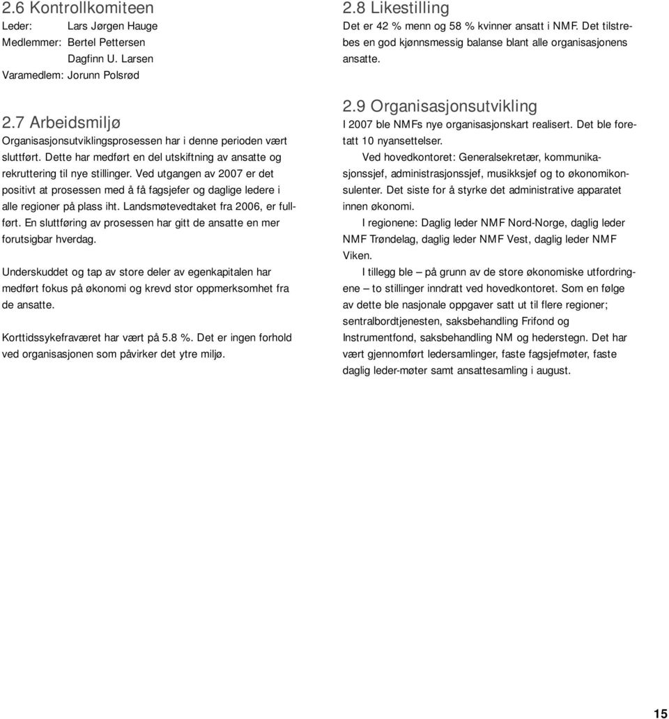 Ved utgangen av 2007 er det positivt at prosessen med å få fagsjefer og daglige ledere i alle regioner på plass iht. Landsmøtevedtaket fra 2006, er fullført.