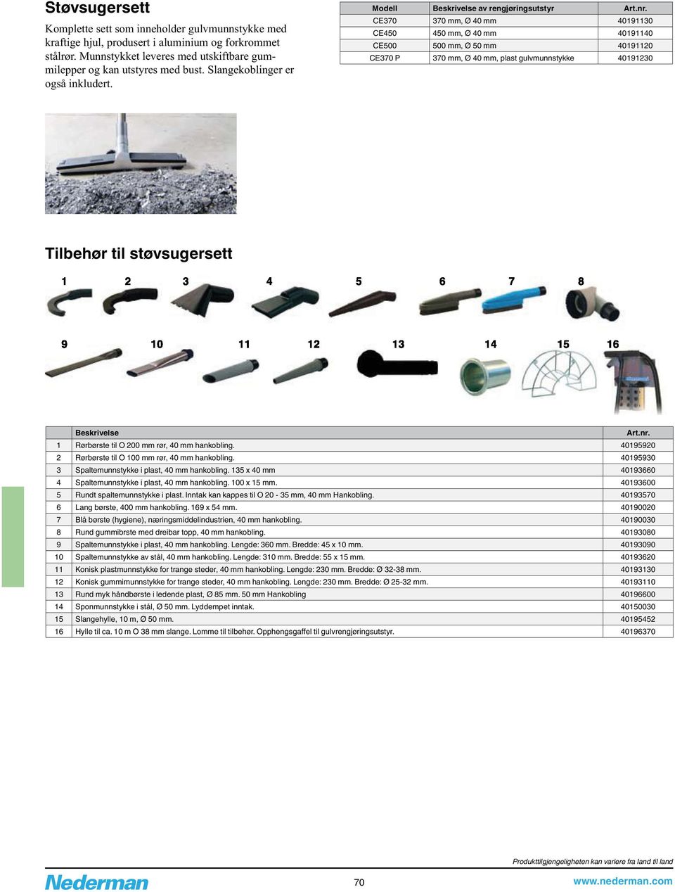 Modell Beskrivelse av rengjøringsutstyr CE370 370 mm, Ø 40 mm 40191130 CE450 450 mm, Ø 40 mm 40191140 CE500 500 mm, Ø 50 mm 40191120 CE370 P 370 mm, Ø 40 mm, plast gulvmunnstykke 40191230 Tilbehør