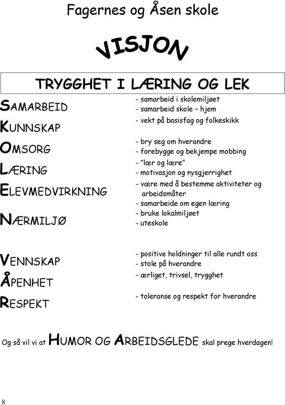 bestemme aktiviteter og arbeidsmåter - samarbeide om egen læring - bruke lokalmiljøet - uteskole VENNSKAP ÅPENHET RESPEKT - positive holdninger til alle