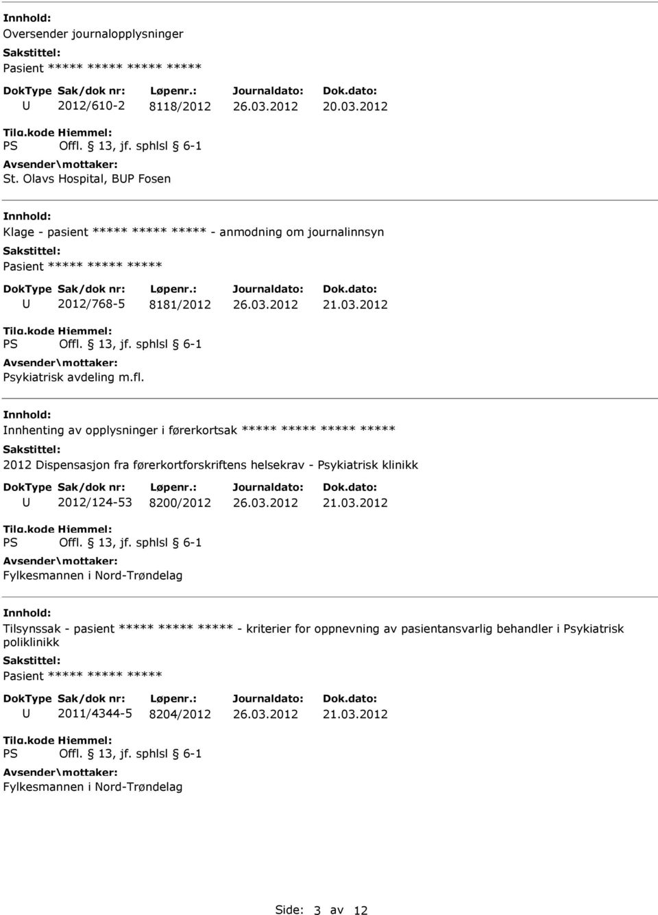 nnhenting av opplysninger i førerkortsak ***** ***** ***** ***** 2012 Dispensasjon fra førerkortforskriftens helsekrav - Psykiatrisk klinikk