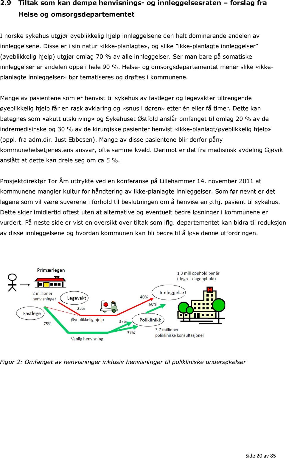 Ser man bare på somatiske innleggelser er andelen oppe i hele 90 %. Helse- og omsorgsdepartementet mener slike «ikkeplanlagte innleggelser» bør tematiseres og drøftes i kommunene.