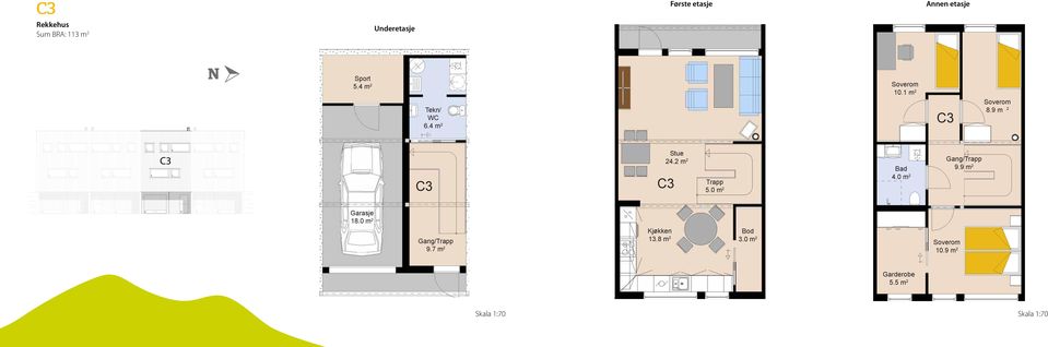 2 m 2 C3 Trapp 5.0 m 2 Bad 4.0 m 2 Gang/Trapp 9.9 m 2 Garasje 18.