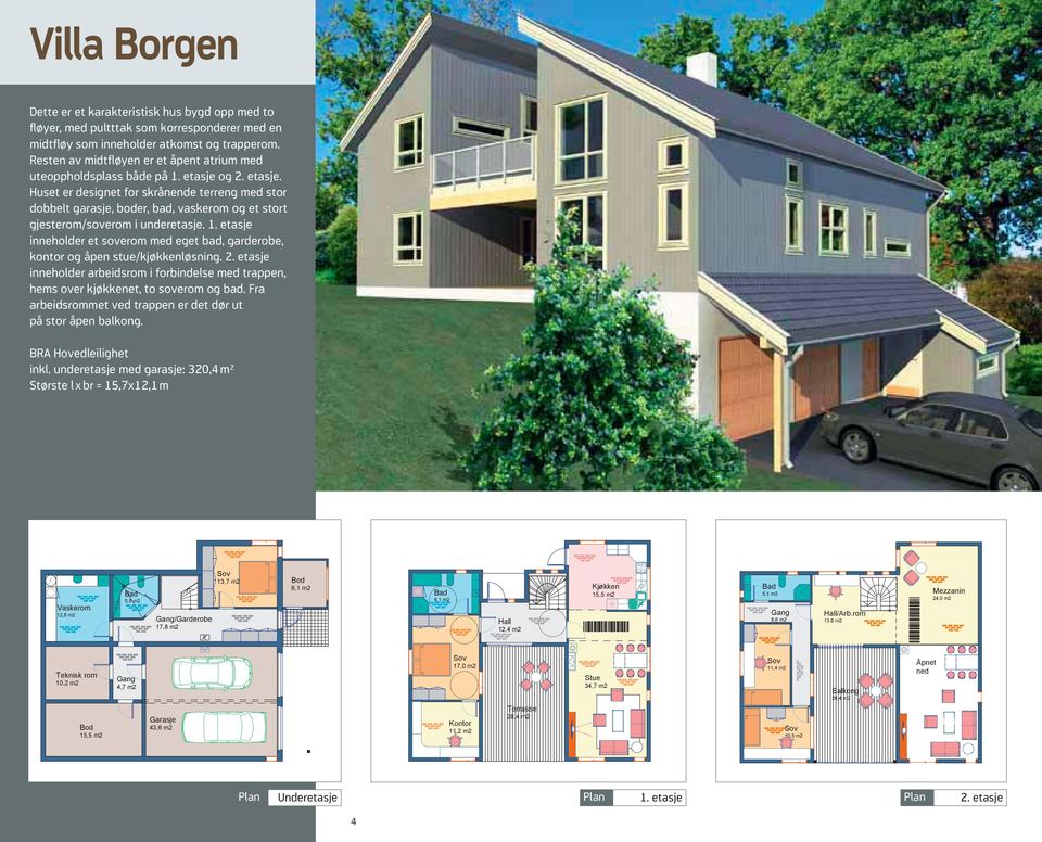 Huset er designet for skrånende terreng med stor dobbelt garasje, boder, bad, vaskerom og et stort gjesterom/soverom i underetasje.