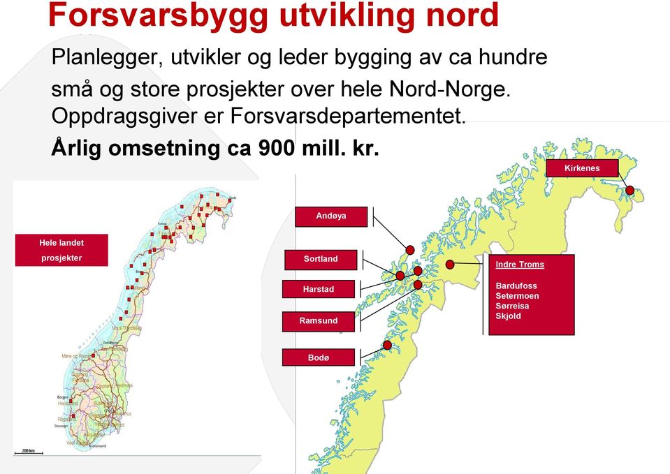 Oppdragsgiver er Forsvarsdepartementet. Årlig omsetning ca 900 mill. kr.