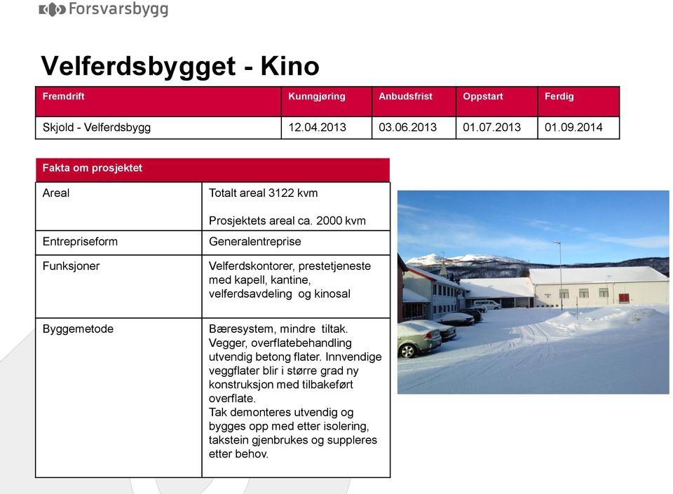 2000 kvm Generalentreprise Velferdskontorer, prestetjeneste med kapell, kantine, velferdsavdeling og kinosal Byggemetode Bæresystem, mindre tiltak.