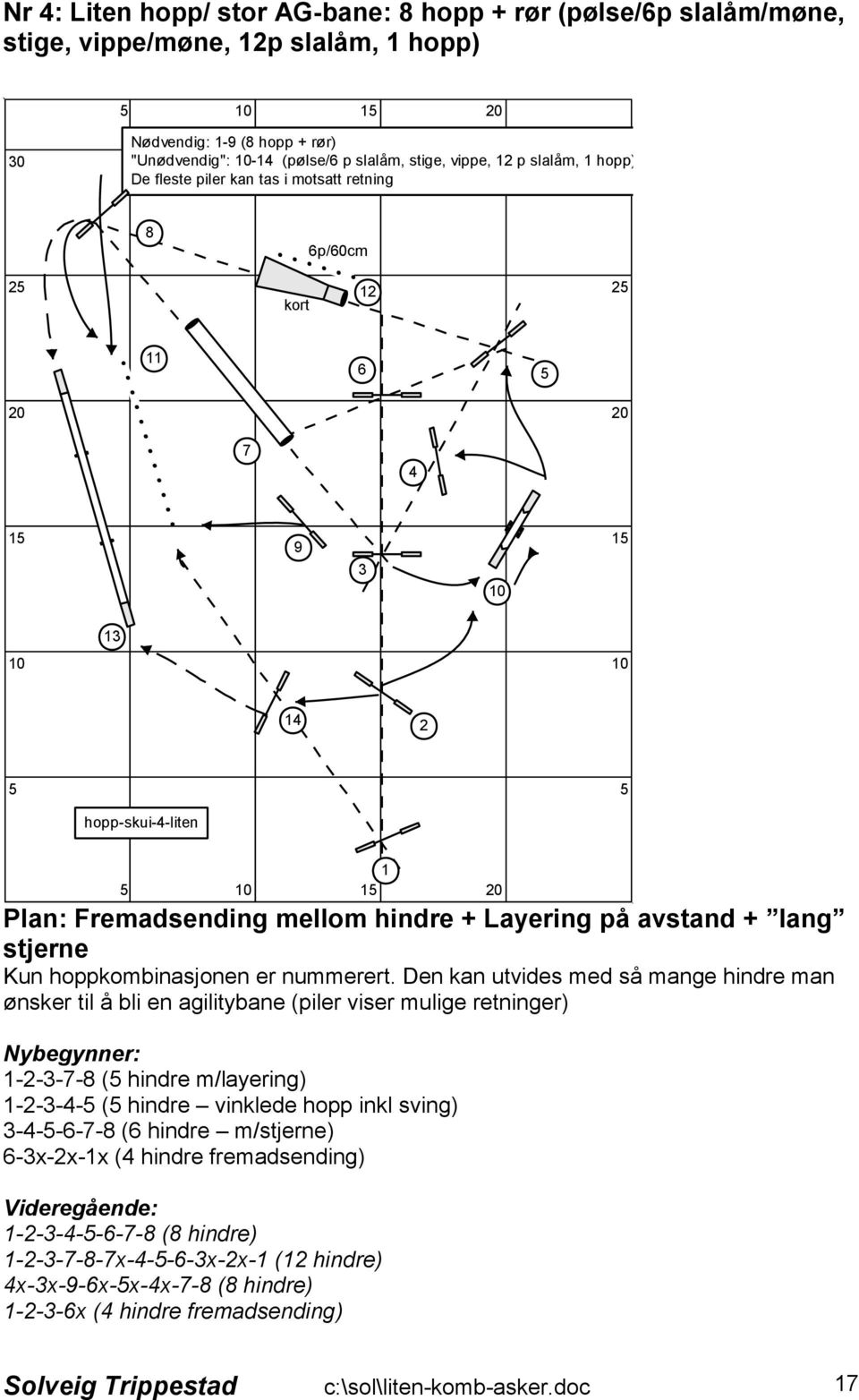 Den kan utvides med så mange hindre man ønsker til å bli en agilitybane (piler viser mulige retninger) Nybegynner: ----8 ( hindre m/layering) ---- ( hindre vinklede hopp inkl sving) -----8 (