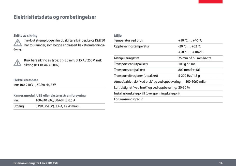 15 A / 250 V, rask sikring (# 13RFAG300002) Elektrisitetsdata Inn: 100-240 V~, 50/60 Hz, 3 W Kameramodul, USB eller ekstern strømforsyning Inn: 100-240 VAC, 50/60 Hz, 0.5 A Utgang: 5 VDC, (SELV), 2.