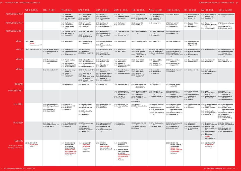 KLINGENBERG 2 17:10 October 93 19:10 The Athlete 89 21:00 Lula - Son of Brazil 130 16:30 Searching for the Elephant 144 19:00 Becloud 115 21:10 Paju 110 17:10 October 93 19:00 The Athlete 89 21:00