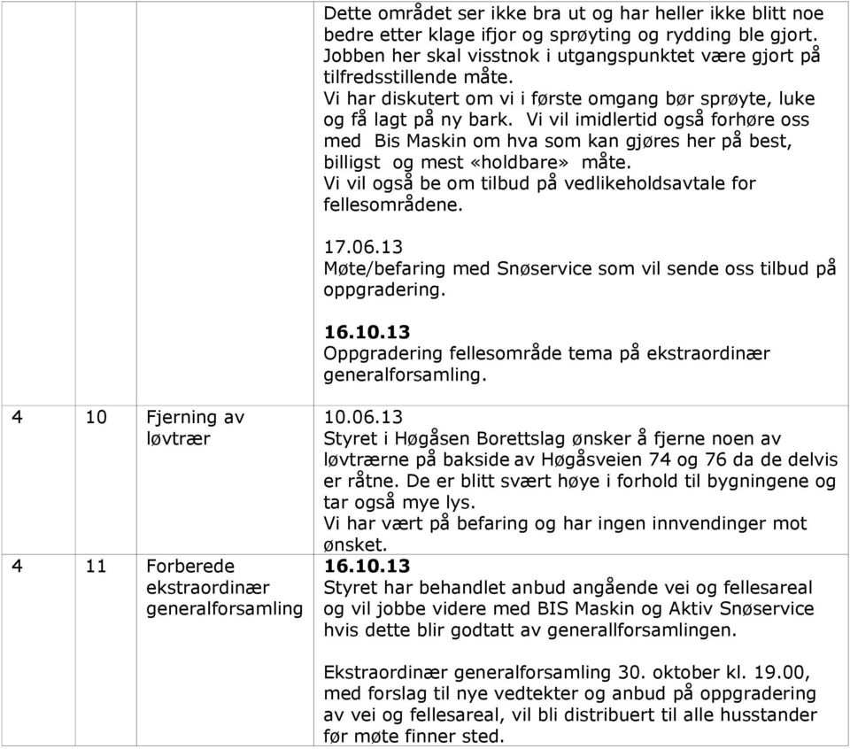 Vi vil også be om tilbud på vedlikeholdsavtale for fellesområdene. 17.06.13 Møte/befaring med Snøservice som vil sende oss tilbud på oppgradering.