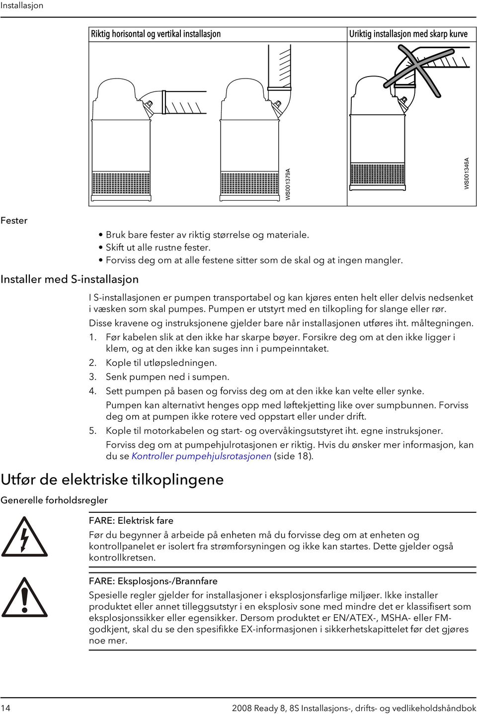 Installer med S-installasjon I S-installasjonen er pumpen transportabel og kan kjøres enten helt eller delvis nedsenket i væsken som skal pumpes.