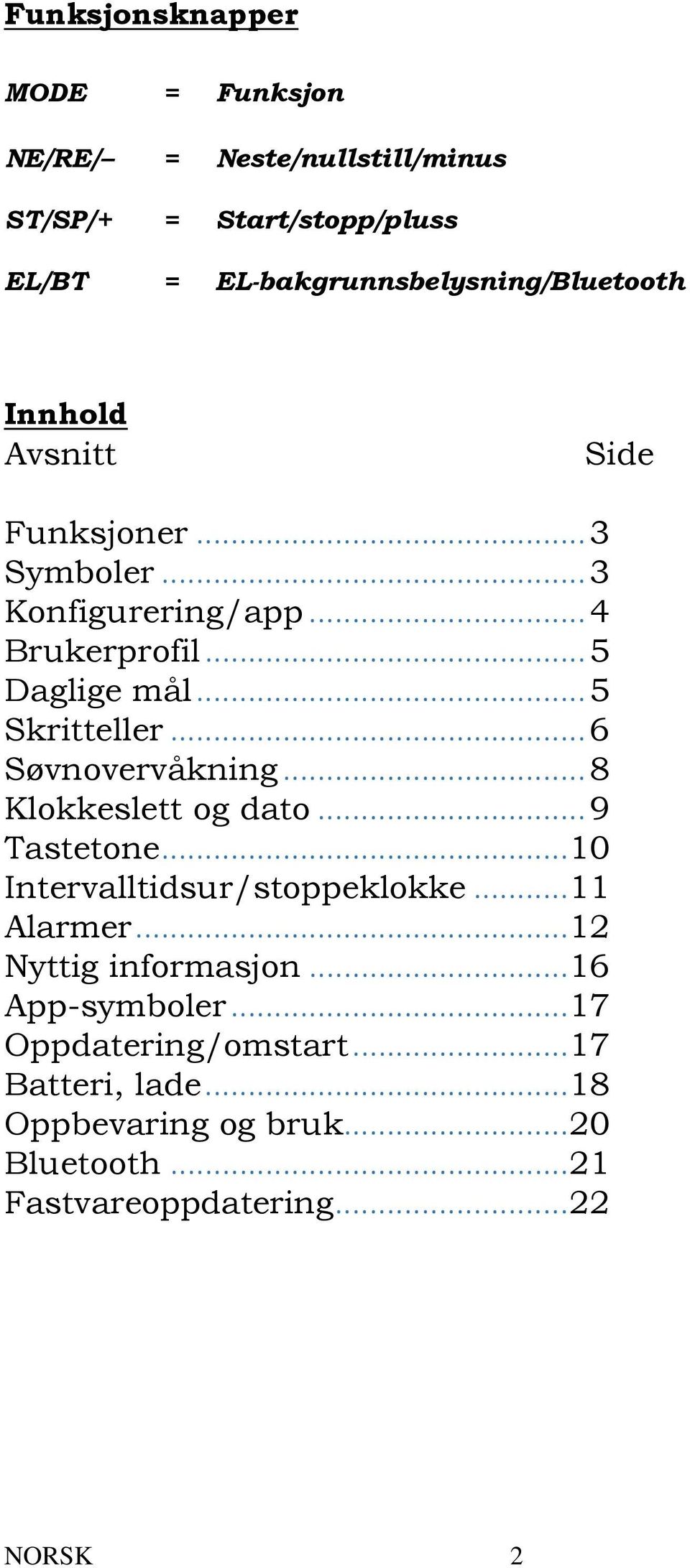 .. 6 Søvnovervåkning... 8 Klokkeslett og dato... 9 Tastetone... 10 Intervalltidsur/stoppeklokke... 11 Alarmer... 12 Nyttig informasjon.