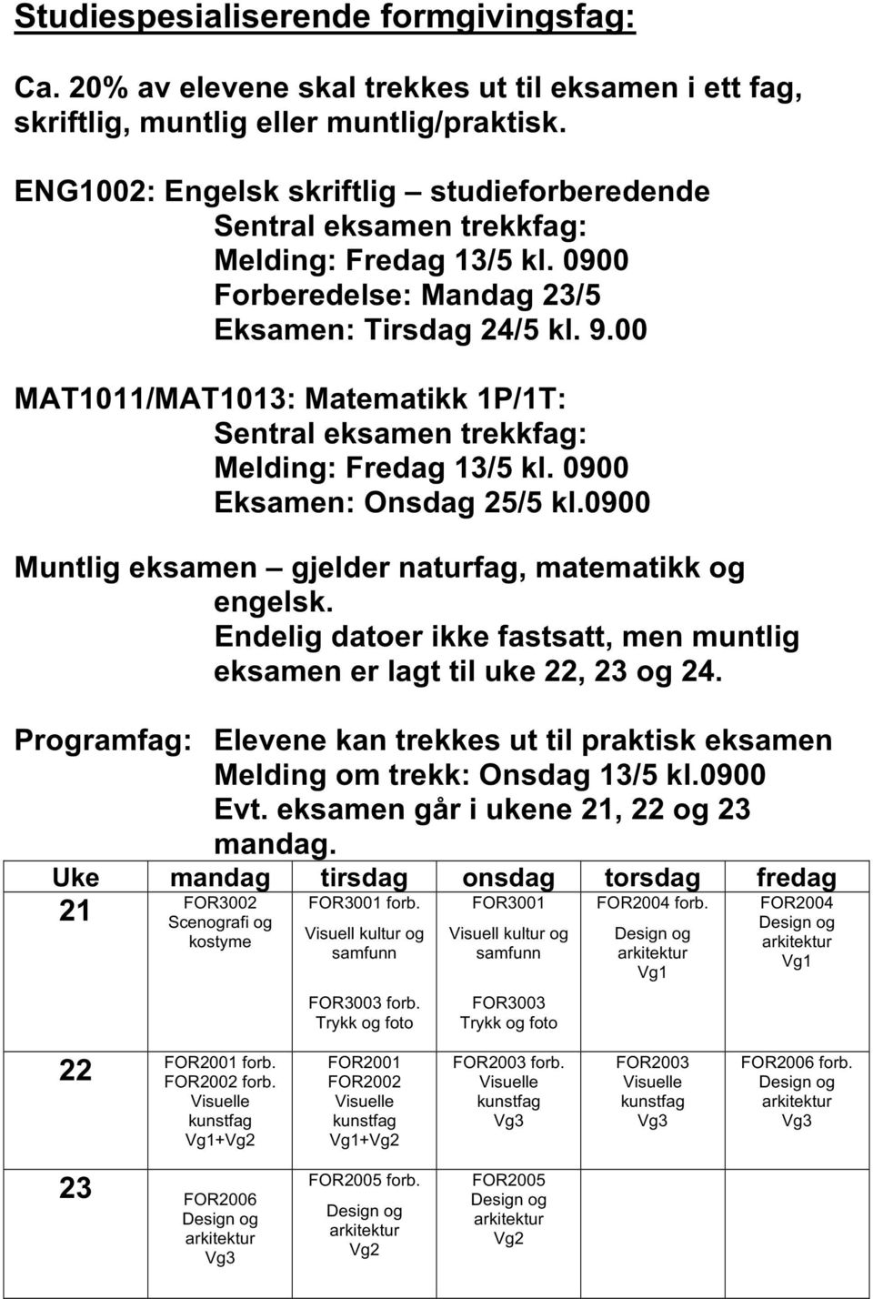 0900 Eksamen: Onsdag 25/5 kl.0900 Muntlig eksamen gjelder naturfag, matematikk og engelsk. eksamen er lagt til uke 22, 23 og 24.