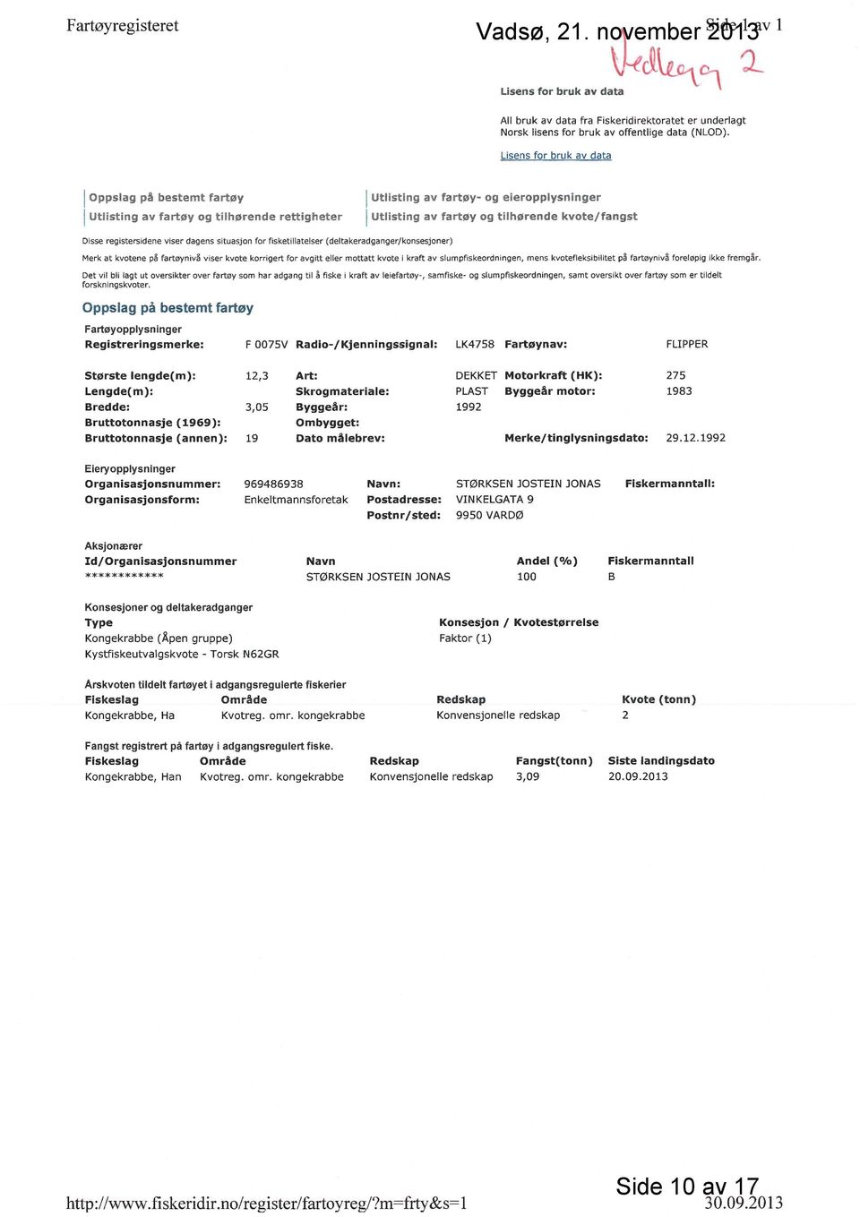 registersidene viser dagens situasjon for fisketillatelser (deltakeradganger/konsesjoner) Merk at kvotene på fartøynivå viser kvote korrigert for avgitt eller mottatt kvote i kraft av