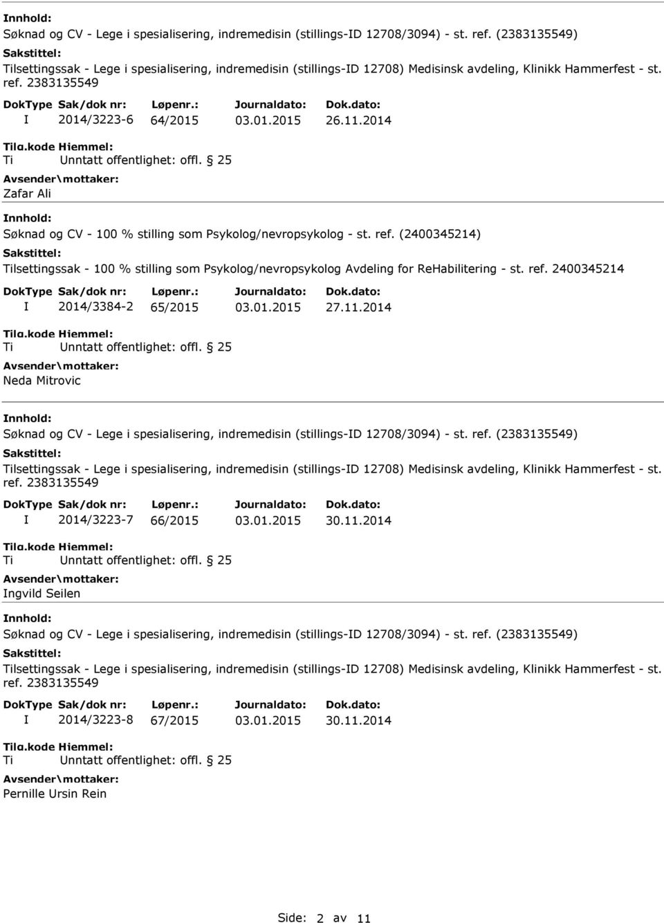 2014 nnhold: Søknad og CV - 100 % stilling som Psykolog/nevropsykolog - st. ref. (2400345214) lsettingssak - 100 % stilling som Psykolog/nevropsykolog Avdeling for ReHabilitering - st. ref. 2400345214 2014/3384-2 65/2015 Neda Mitrovic 27.