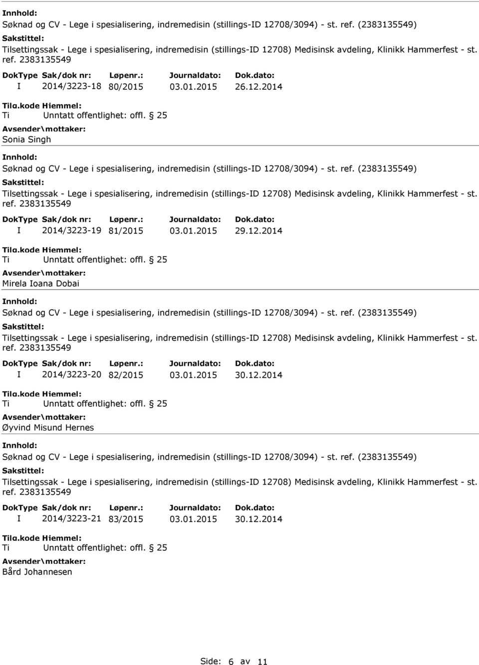 08) Medisinsk avdeling, Klinikk Hammerfest - st. 2014/3223-18 80/2015 Sonia Singh 26.12.2014  08) Medisinsk avdeling, Klinikk Hammerfest - st. 2014/3223-19 81/2015 Mirela oana Dobai 29.12.2014  08) Medisinsk avdeling, Klinikk Hammerfest - st. 2014/3223-20 82/2015 Øyvind Misund Hernes 30.