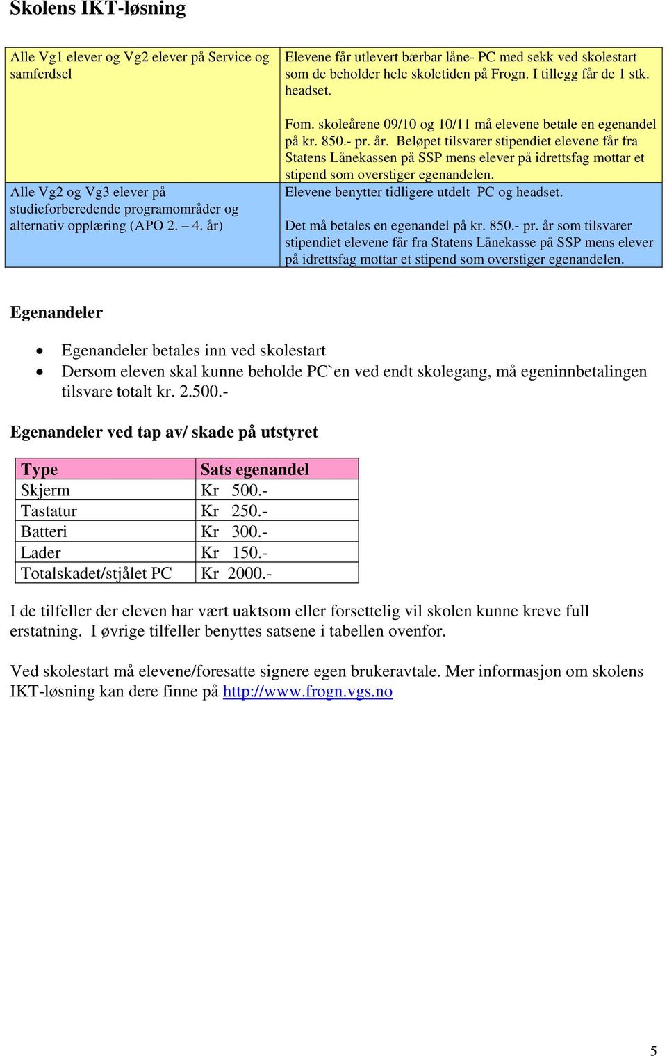 skoleårene 09/10 og 10/11 må elevene betale en egenandel på kr. 850.- pr. år.