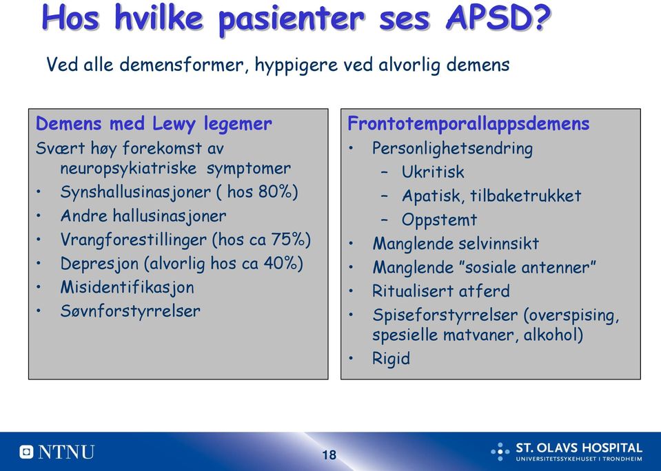 Synshallusinasjoner ( hos 80%) Andre hallusinasjoner Vrangforestillinger (hos ca 75%) Depresjon (alvorlig hos ca 40%)