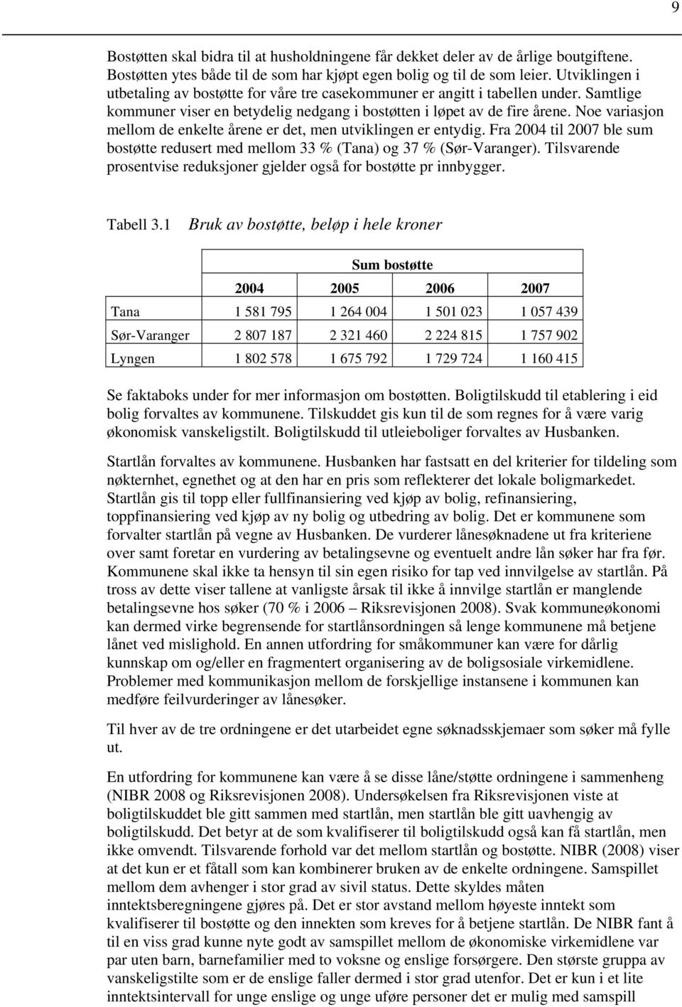 Noe variasjon mellom de enkelte årene er det, men utviklingen er entydig. Fra 2004 til 2007 ble sum bostøtte redusert med mellom 33 % (Tana) og 37 % (Sør-Varanger).