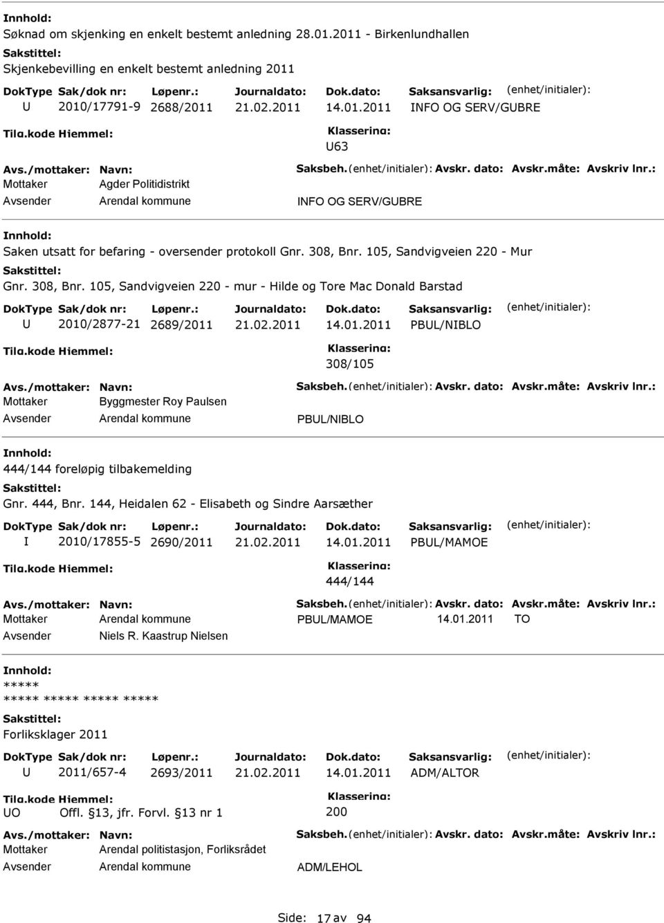 protokoll Gnr. 308, Bnr. 105, Sandvigveien 220 - Mur Gnr. 308, Bnr. 105, Sandvigveien 220 - mur - Hilde og Tore Mac Donald Barstad 2010/2877-21 2689/2011 PBL/NBLO 308/105 Byggmester Roy Paulsen PBL/NBLO 444/144 foreløpig tilbakemelding Gnr.