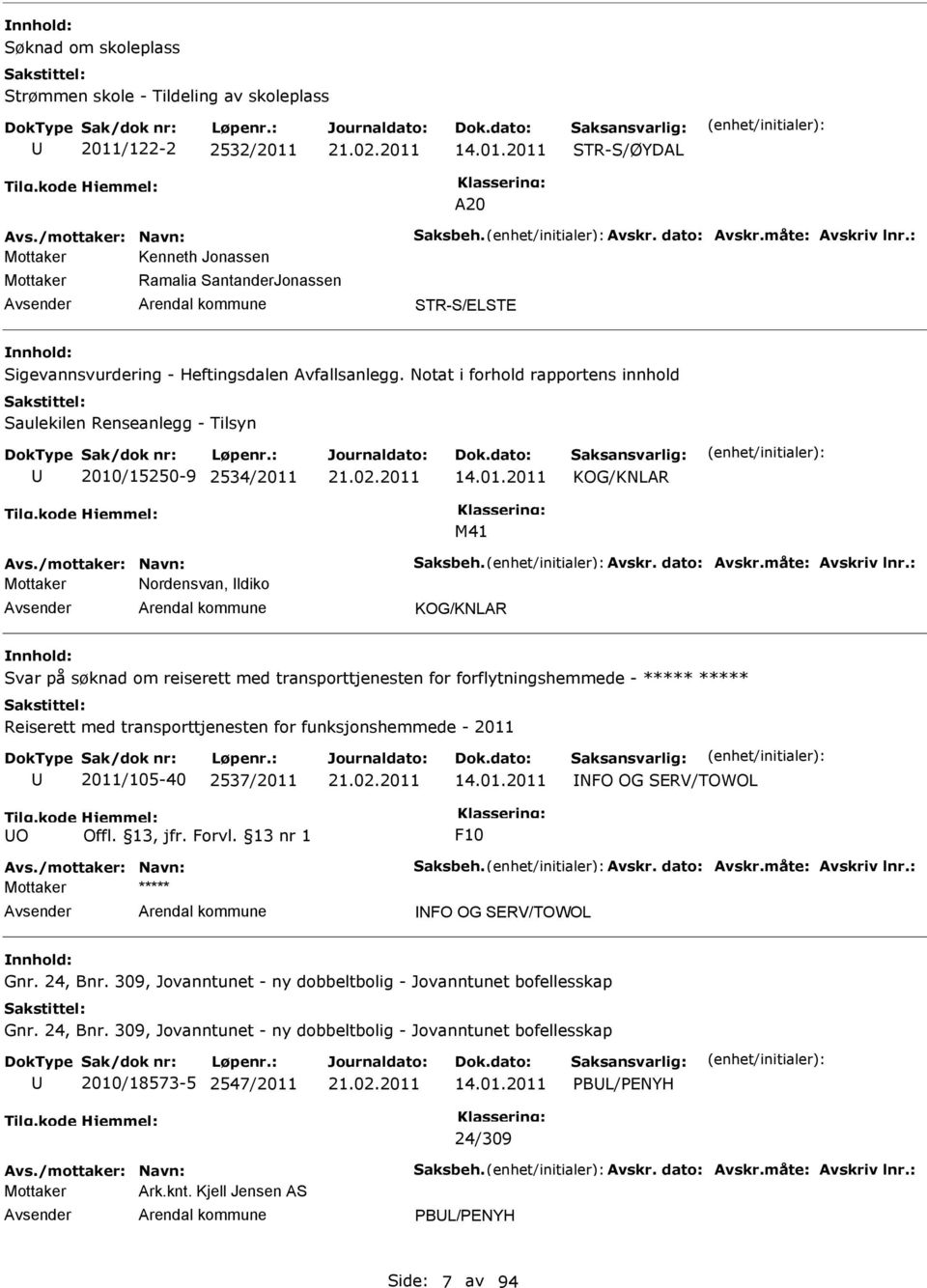 Notat i forhold rapportens innhold Saulekilen Renseanlegg - Tilsyn 2010/15250-9 2534/2011 KOG/KNLAR M41 Nordensvan, ldiko KOG/KNLAR Svar på søknad om reiserett med transporttjenesten for