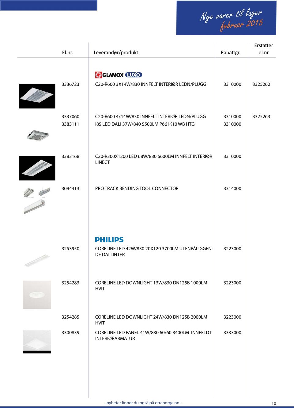 CONNECTOR 3314000 3253950 CORELINE LED 42W/830 20X120 3700LM UTENPÅLIGGEN- DE DALI INTER 3223000 3254283 CORELINE LED DOWNLIGHT 13W/830 DN125B 1000LM HVIT