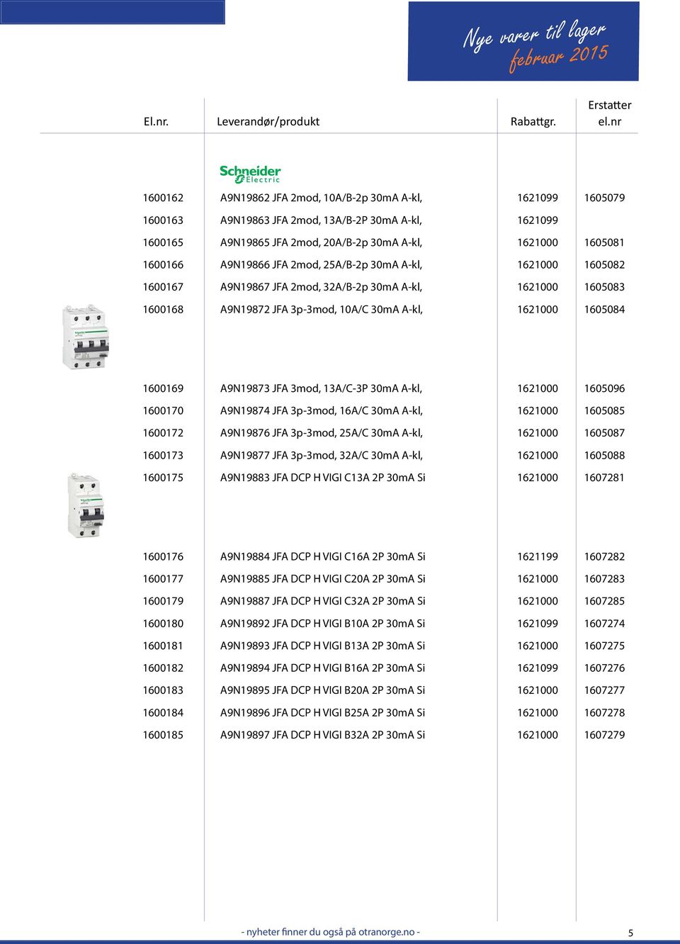 13A/C-3P 30mA A-kl, 1621000 1605096 1600170 A9N19874 JFA 3p-3mod, 16A/C 30mA A-kl, 1621000 1605085 1600172 A9N19876 JFA 3p-3mod, 25A/C 30mA A-kl, 1621000 1605087 1600173 A9N19877 JFA 3p-3mod, 32A/C