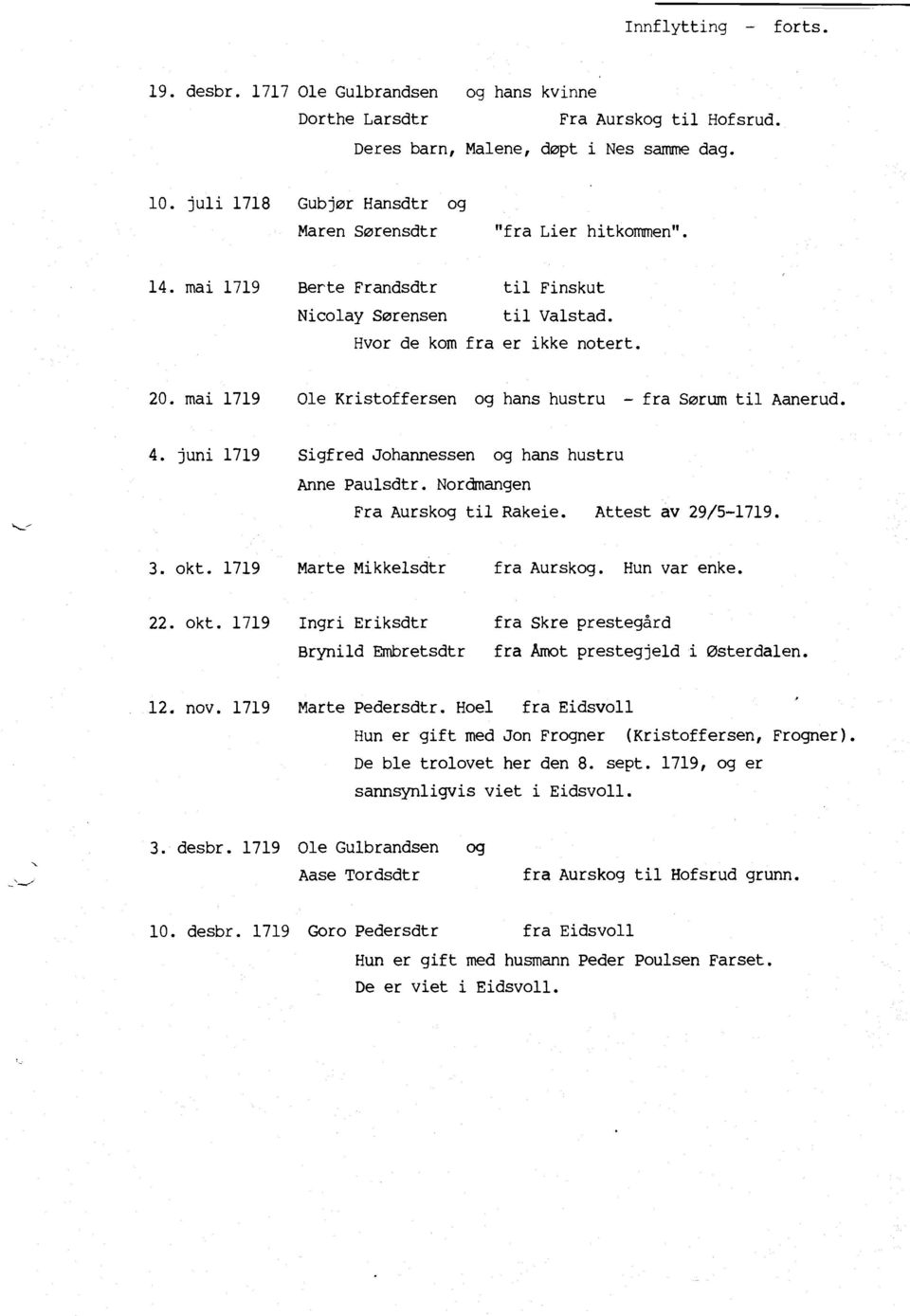 mai 1719 Kristoffersen og hans hustru - fra Sørum til Aanerud. 4. juni 1719 Sigfred Johannessen og hans hustru Paulsdtr. Nordmangen Fra Aurskog til Rakeie. Attest av 29/5-1719. 3. okt.