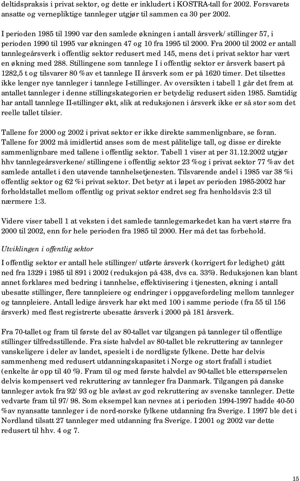 Fra 2000 til 2002 er antall tannlegeårsverk i offentlig sektor redusert med 145, mens det i privat sektor har vært en økning med 288.