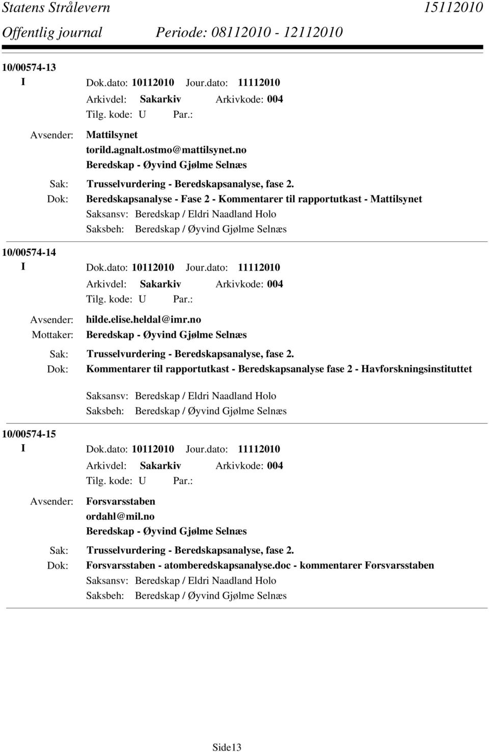 Beredskapsanalyse - Fase 2 - Kommentarer til rapportutkast - Mattilsynet Saksansv: Beredskap / Eldri Naadland Holo Saksbeh: Beredskap / Øyvind Gjølme Selnæs 10/00574-14 I Dok.dato: 10112010 Jour.