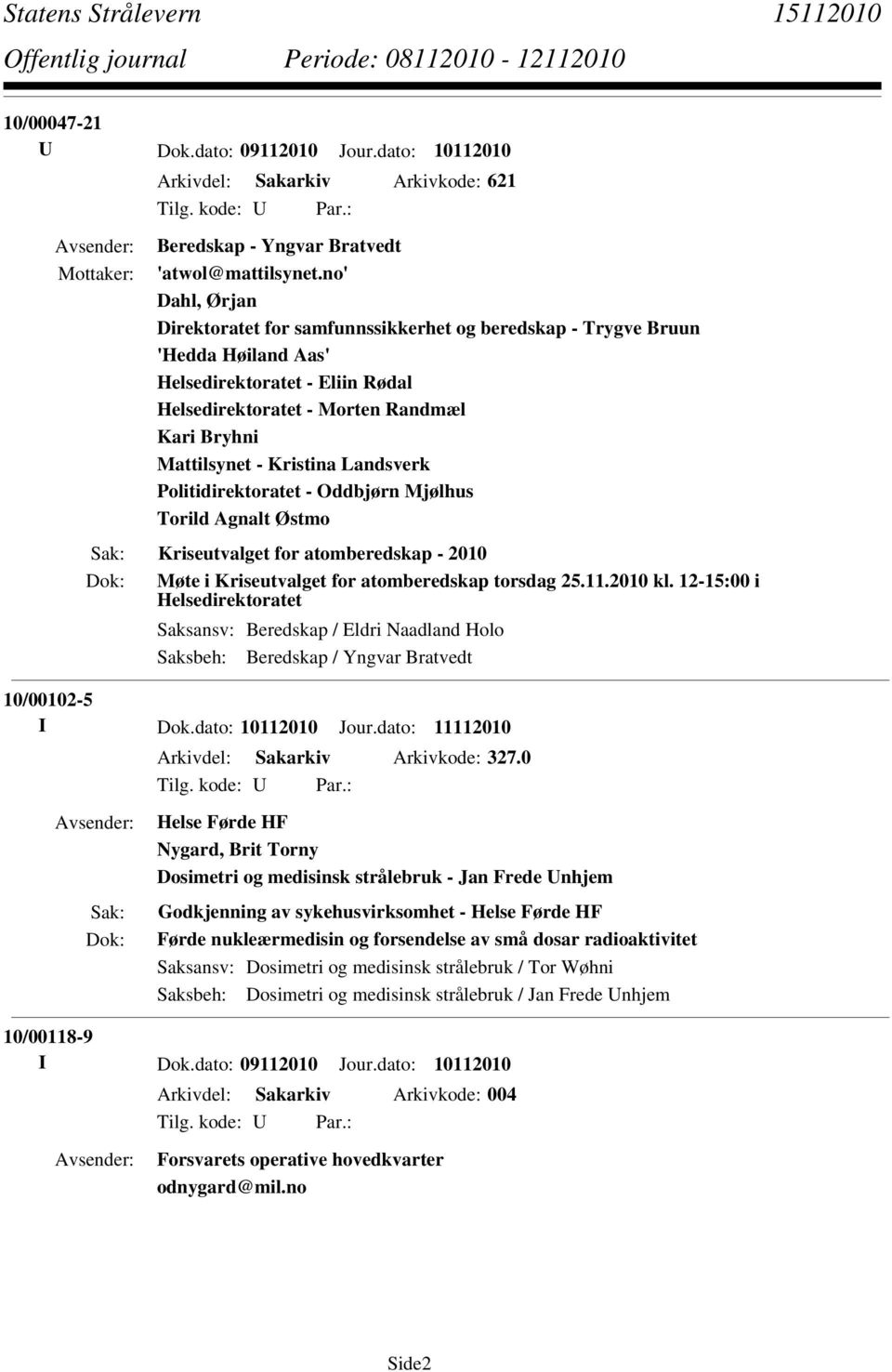 Kristina Landsverk Politidirektoratet - Oddbjørn Mjølhus Torild Agnalt Østmo Kriseutvalget for atomberedskap - 2010 Møte i Kriseutvalget for atomberedskap torsdag 25.11.2010 kl.