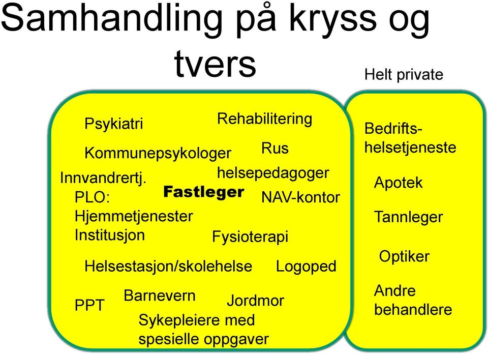 Helsestasjon/skolehelse PPT Rehabilitering Barnevern Jordmor Sykepleiere med