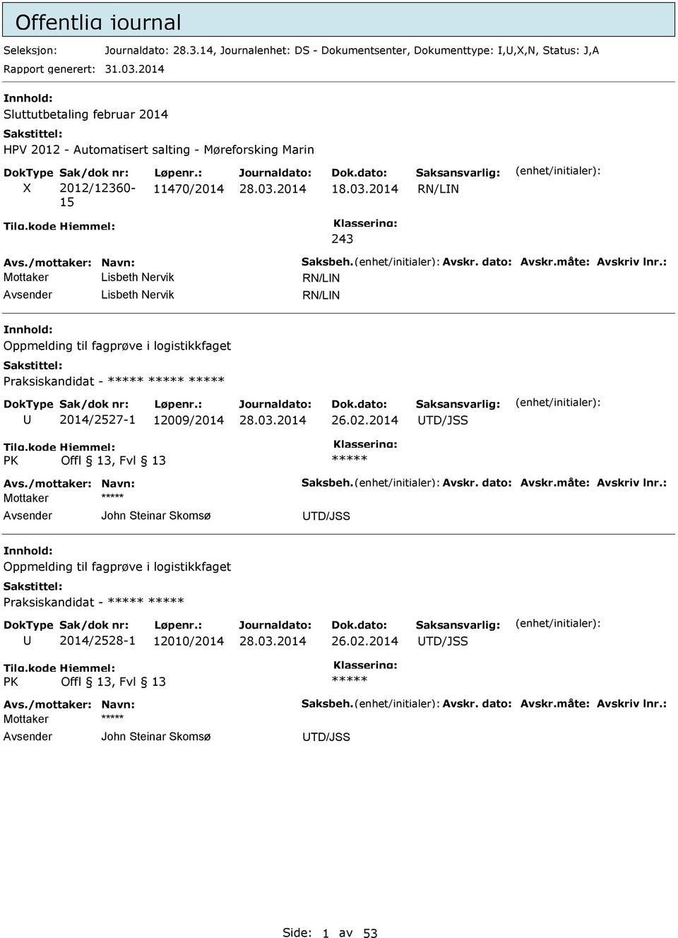 dato: Avskr.måte: Avskriv lnr.: Mottaker Lisbeth Nervik RN/LN Lisbeth Nervik RN/LN Oppmelding til fagprøve i logistikkfaget Praksiskandidat - 2014/2527-1 12009/2014 26.02.